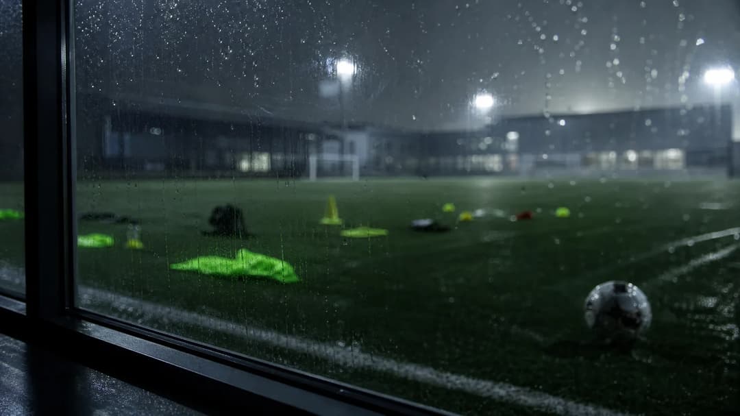 An empty football training ground viewed through foggy glass, illuminated by fluorescent light.