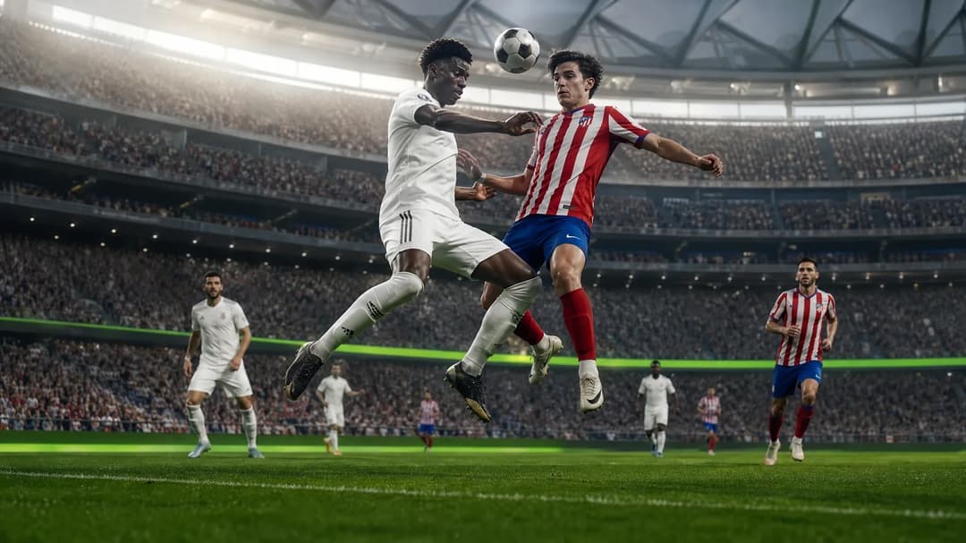 Intense soccer action during a Madrid derby match, featuring players contending for the ball.