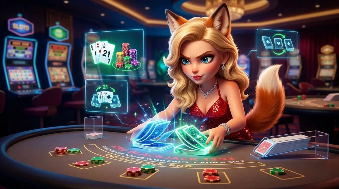 A fox mascot at a digital blackjack table in a casino environment, focused on the game.