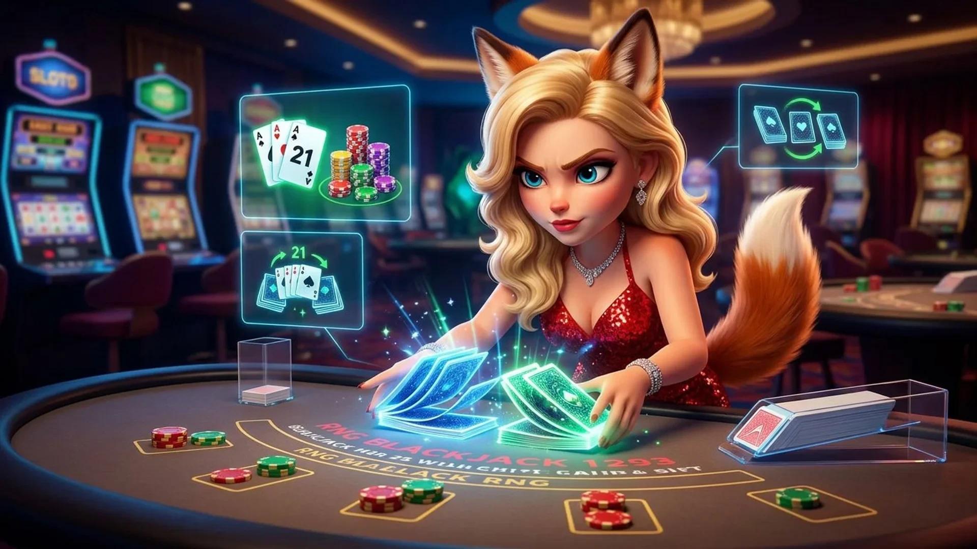 A fox mascot at a digital blackjack table in a casino environment, focused on the game.