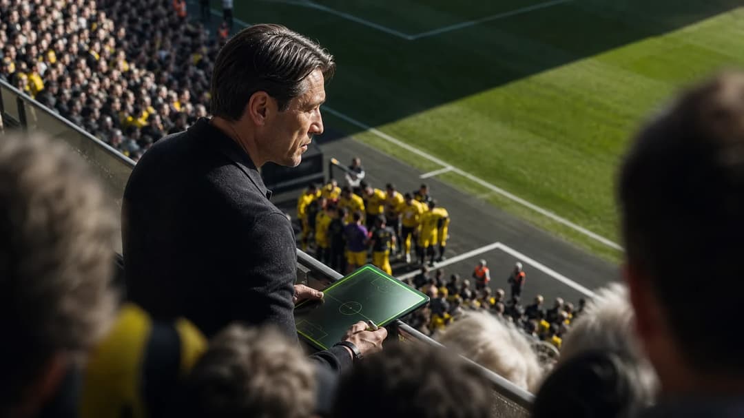 Football coach Niko Kovac observing his players from the touchline amidst a vibrant crowd.