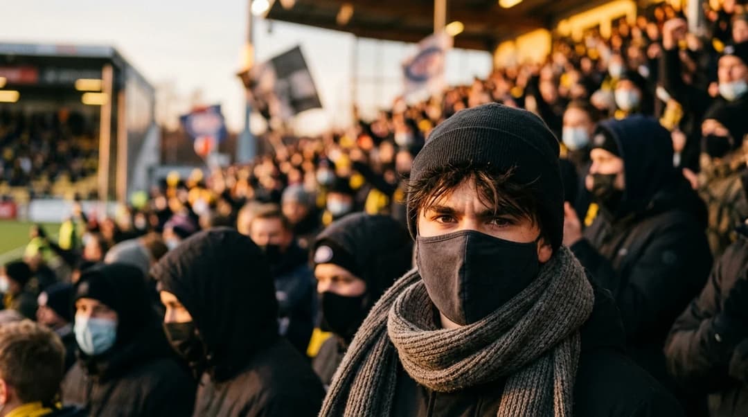 Close-up of a masked supporter at a football match, conveying tension and defiance.