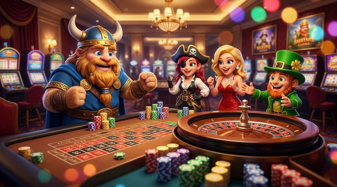 A NordicSpins mascot interacts with players at a roulette table in a vibrant casino.