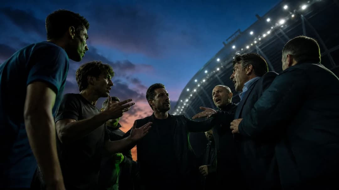 A tension-filled scene from the Madrid derby, featuring animated players and coaches in a dramatic blue hour setting.