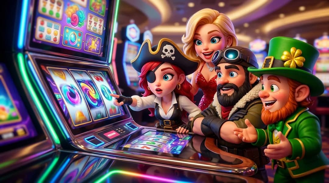 Two NordicSpins mascots interact excitedly with a slot machine in a vibrant casino setting.