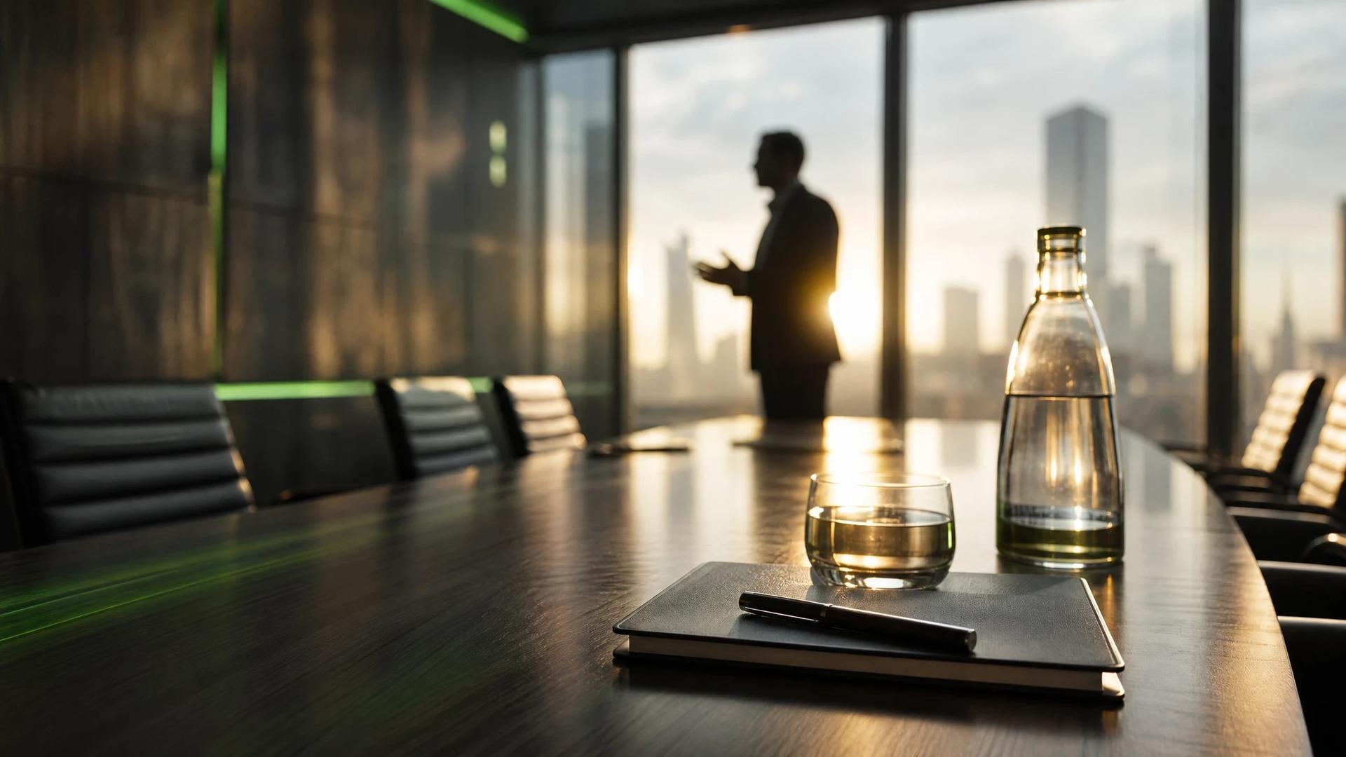 A silhouette of a figure gesturing in a modern conference room with neon green accents and golden-hour lighting.