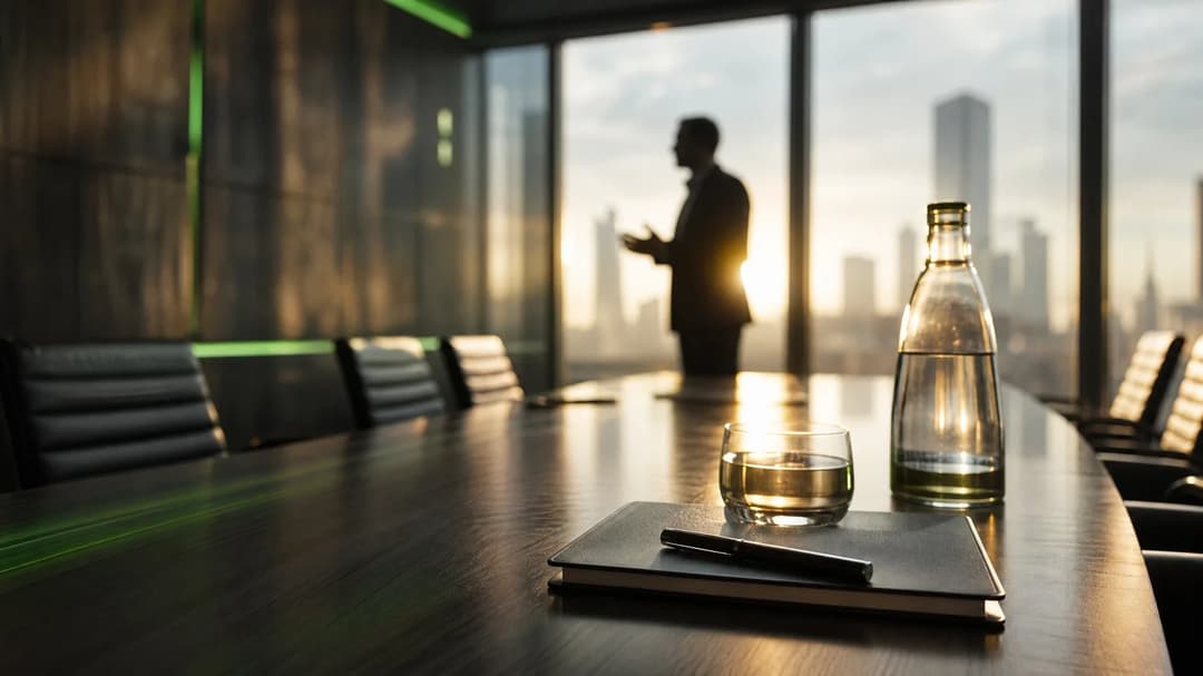 A silhouette of a figure gesturing in a modern conference room with neon green accents and golden-hour lighting.