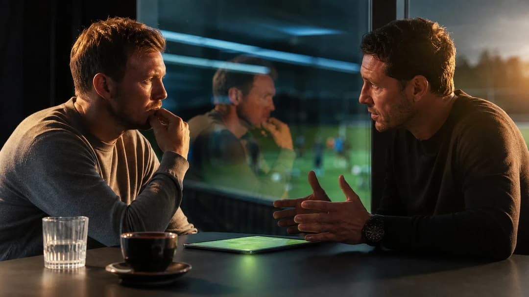 Two former German football players engaged in a reflective conversation, with a glass wall showing their reflections and a subtle neon green element present.