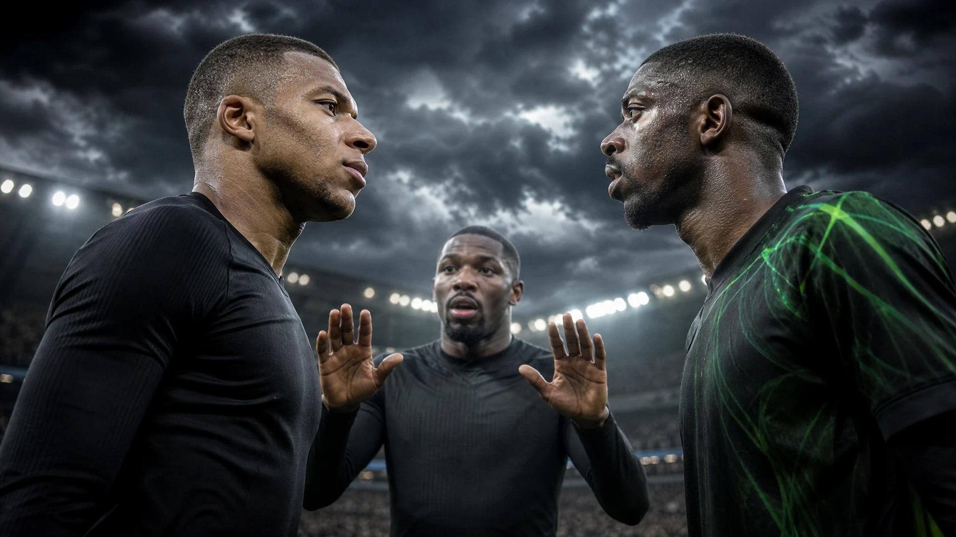A dramatic scene of Kylian Mbappé and Ousmane Dembélé in an intense confrontation on a football pitch under stormy skies.