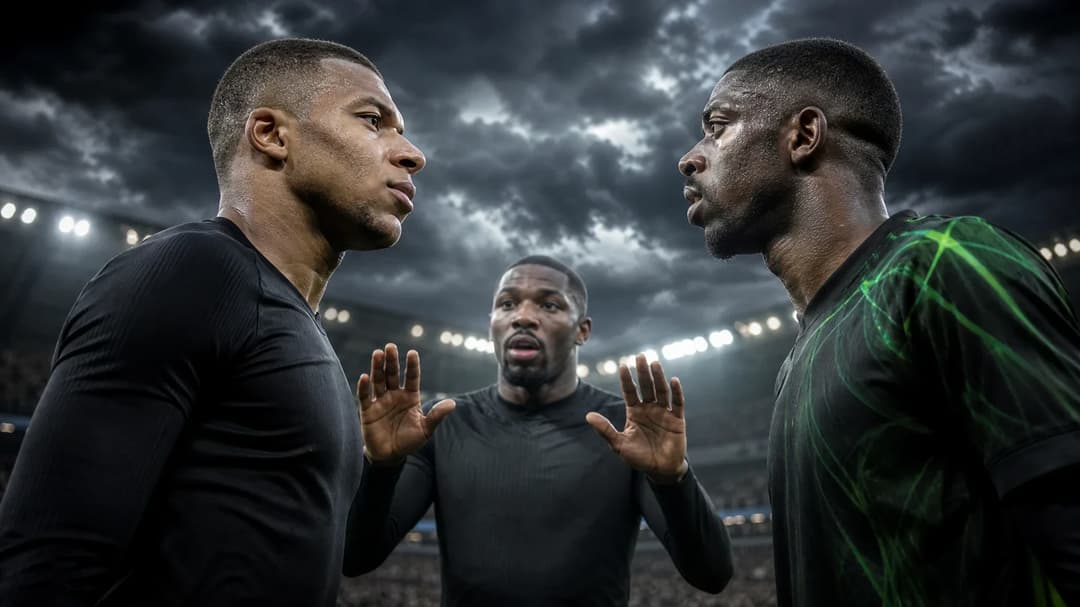 A dramatic scene of Kylian Mbappé and Ousmane Dembélé in an intense confrontation on a football pitch under stormy skies.