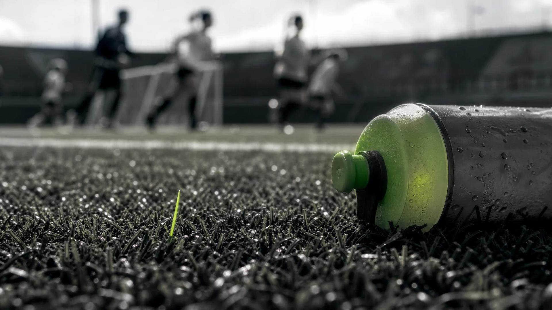 A close-up of a football pitch with a vibrant green blade of grass and a subtly highlighted water bottle.