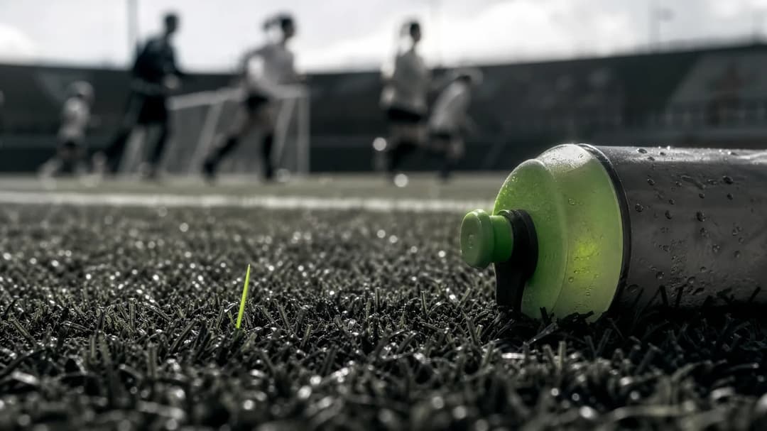 A close-up of a football pitch with a vibrant green blade of grass and a subtly highlighted water bottle.