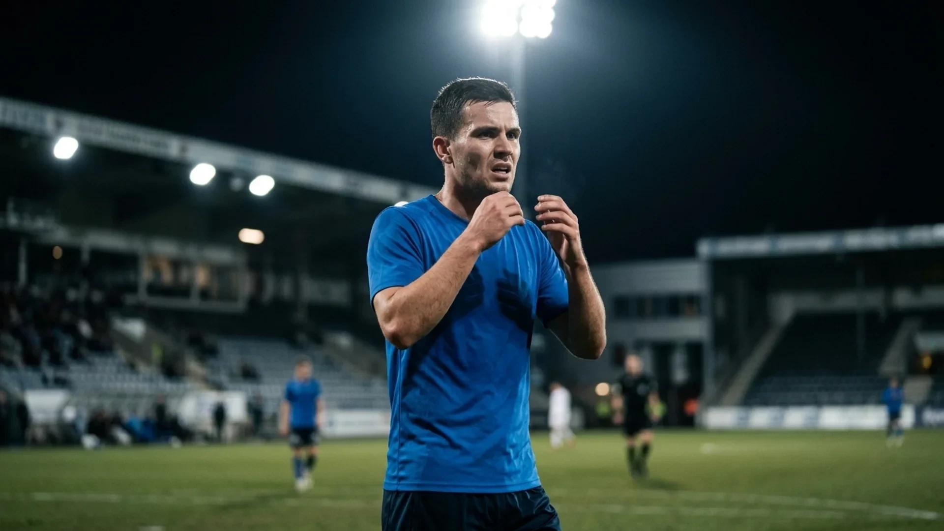 A football player from Vålerenga showing intense emotions during a match at Åråsen.