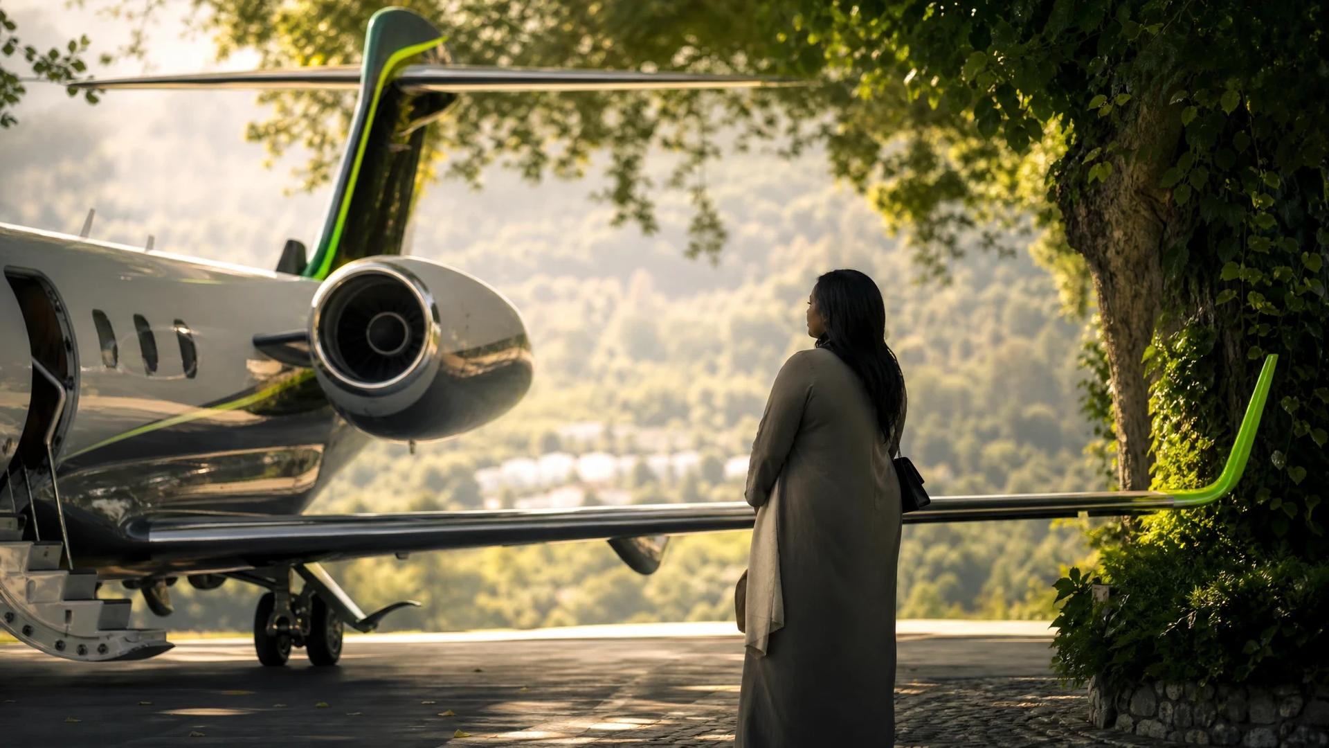 A private jet on an airstrip surrounded by greenery, with gentle light filtering through the trees.