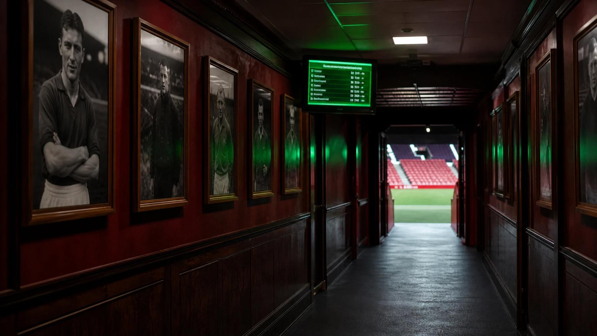 A dimly lit hallway inside Old Trafford with historical photographs and a glowing LED screen.