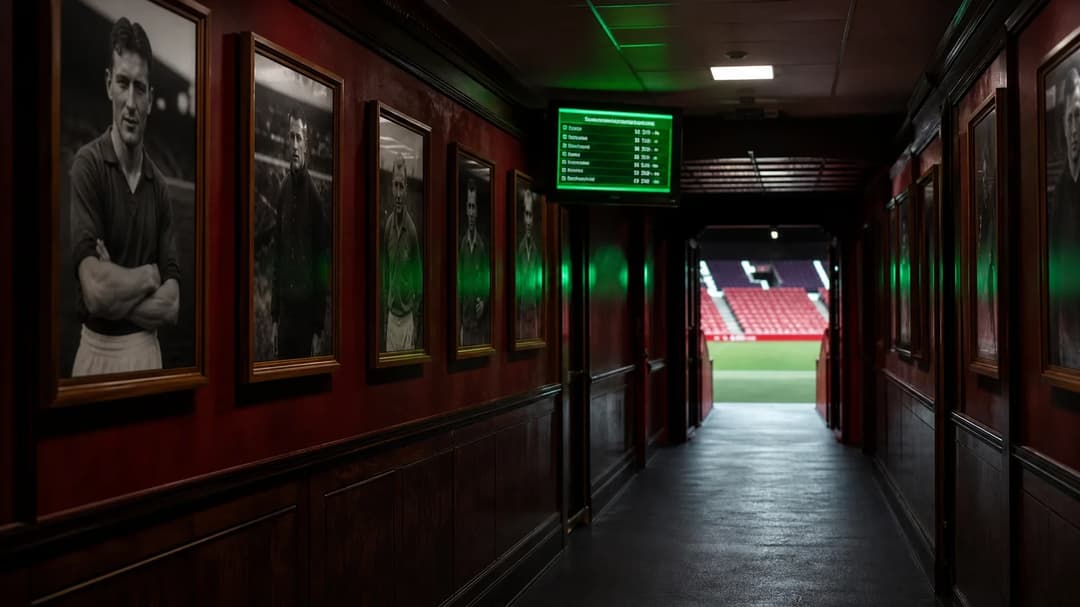 A dimly lit hallway inside Old Trafford with historical photographs and a glowing LED screen.