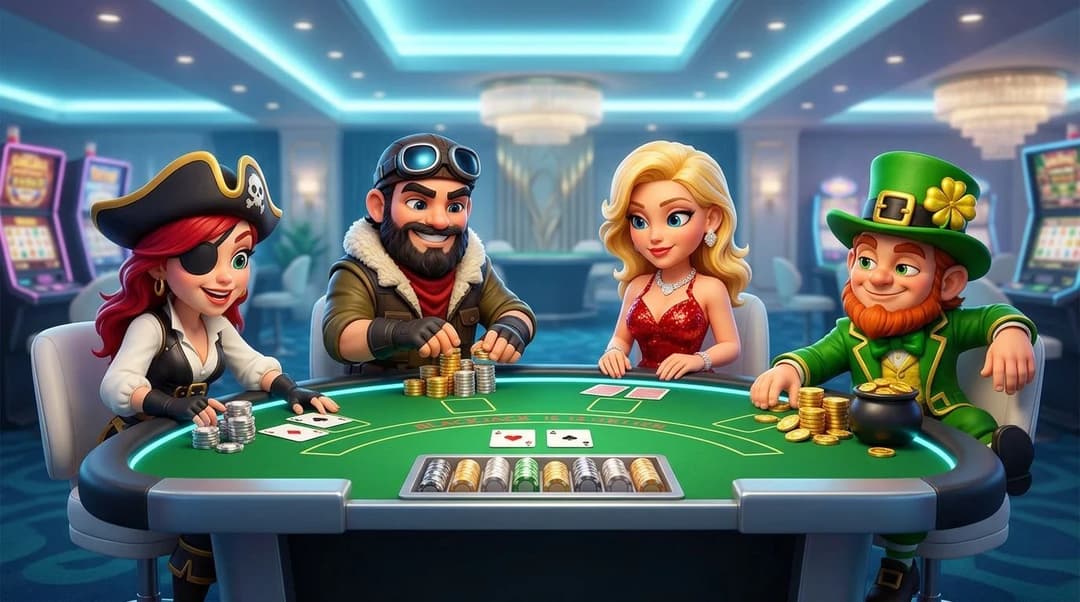 Two NordicSpins mascots engaging around a blackjack table in a casino environment.