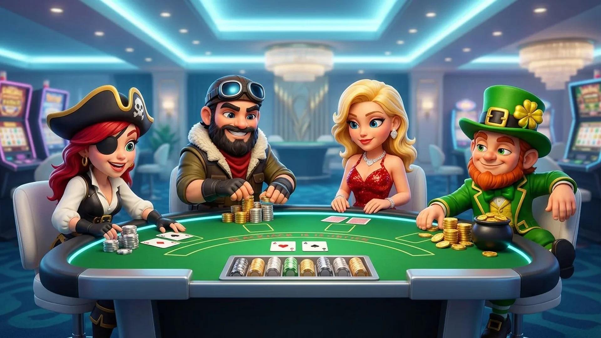 Two NordicSpins mascots engaging around a blackjack table in a casino environment.