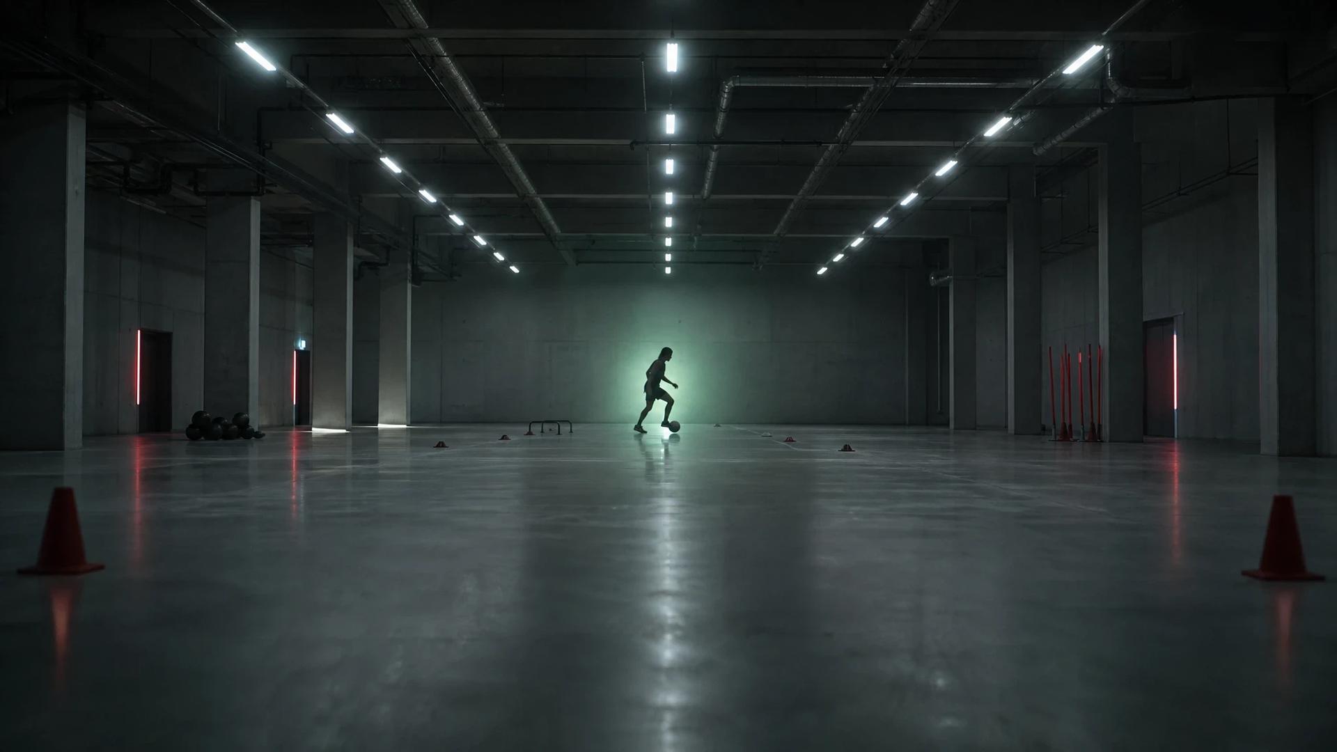 A wide shot of a training facility showing a silhouette of a football player practicing alone.