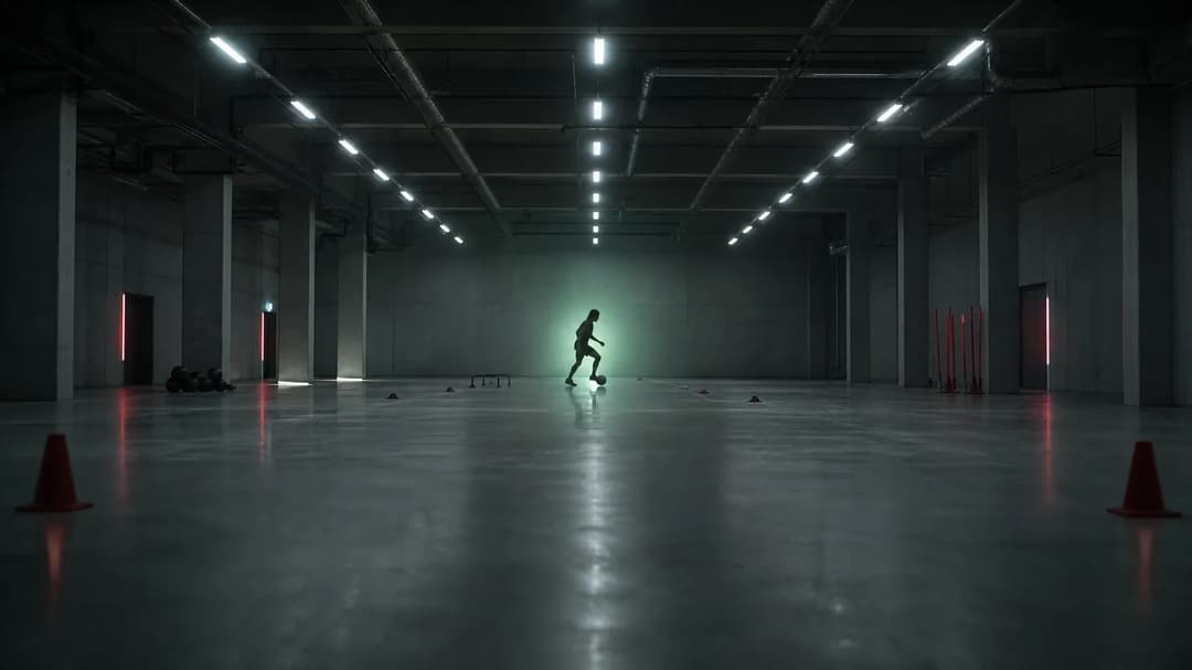 A wide shot of a training facility showing a silhouette of a football player practicing alone.
