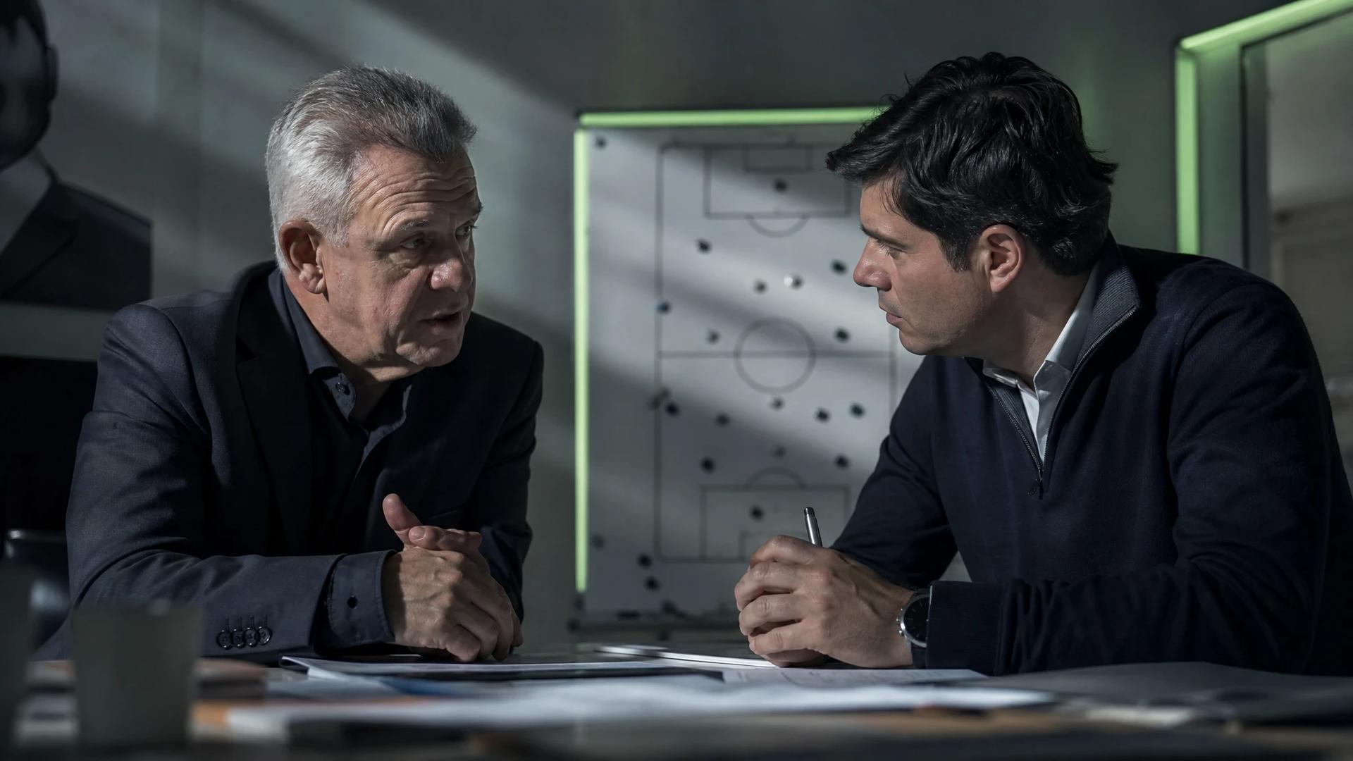Javier Aguirre and Braulio Vazquez in a tense discussion inside a football office.