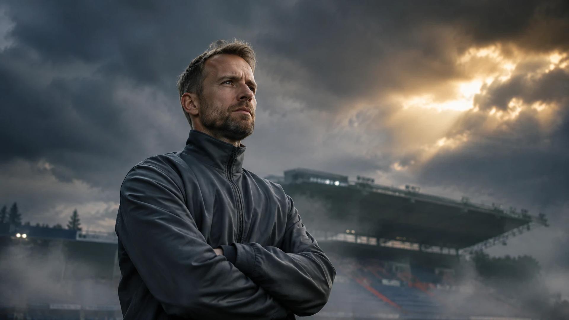 Lars Petter Kræmer-Andressen standing in front of a blurred stadium under dramatic stormy skies.