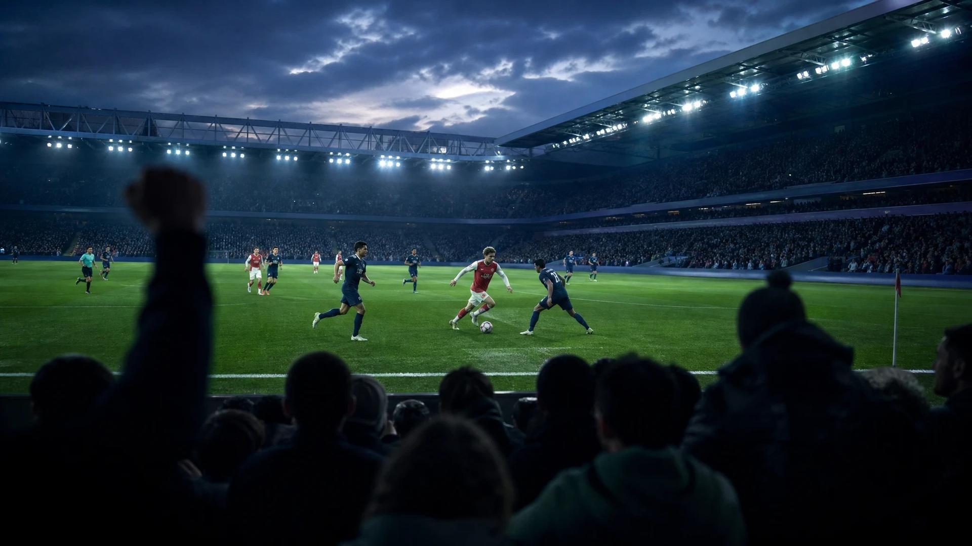A football player dribbling a ball on the pitch at dusk with fans in the background.
