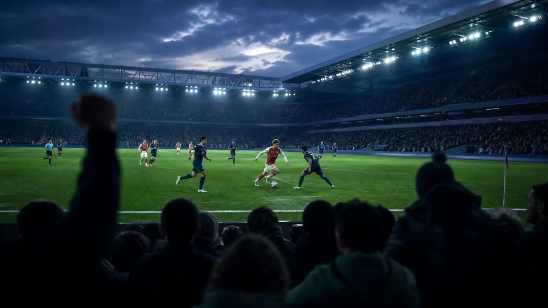 A football player dribbling a ball on the pitch at dusk with fans in the background.