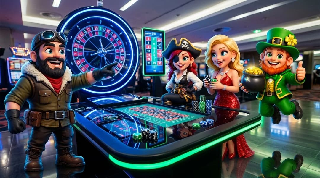 NordicSpins mascots engaged around a roulette table in a modern casino.