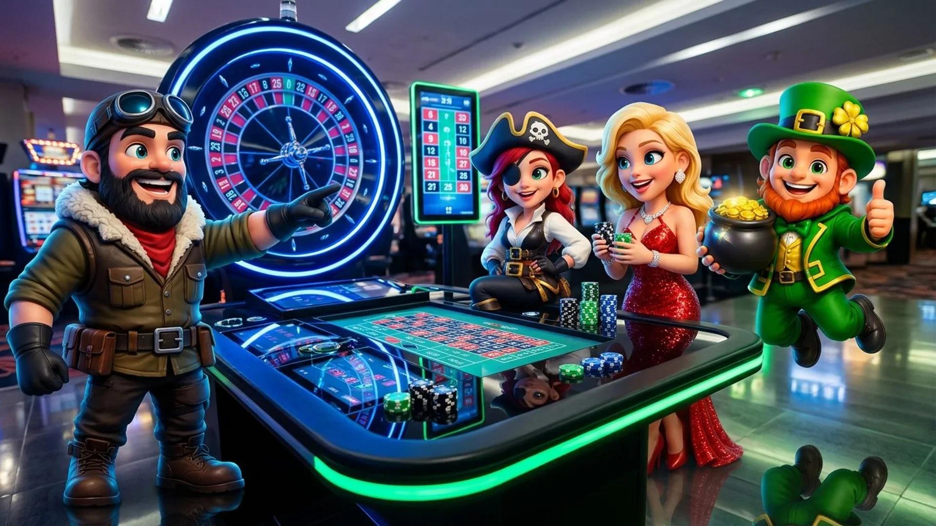 NordicSpins mascots engaged around a roulette table in a modern casino.