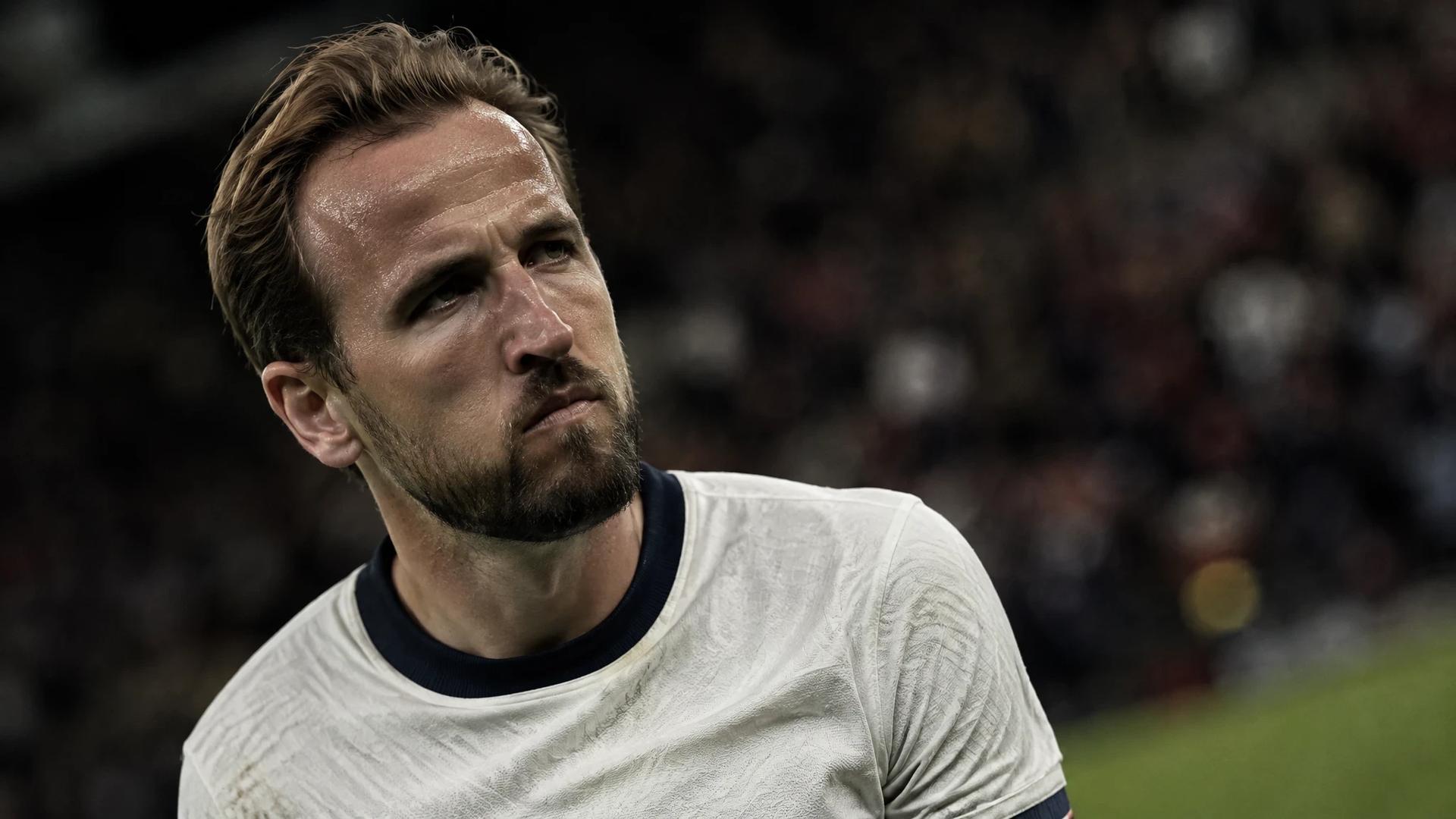 Harry Kane in a tense moment reflecting on a recent loss during a football match.