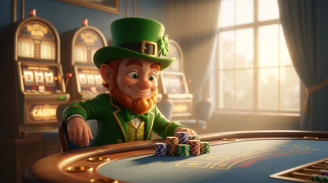 A NordicSpins mascot examining casino chips at a table, with slot machines in the background.