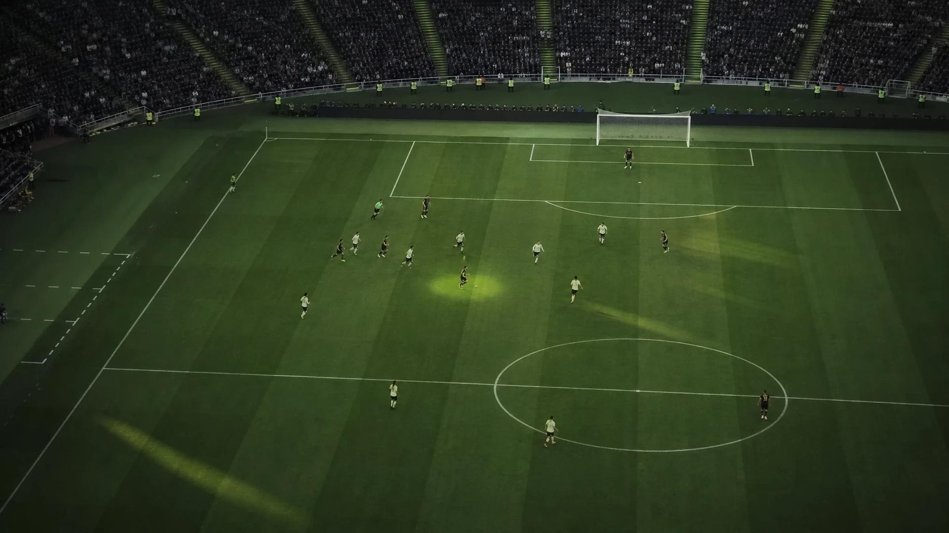 A bird's-eye view of the Camp Nou pitch with a silhouetted football player positioned as a centre-forward.