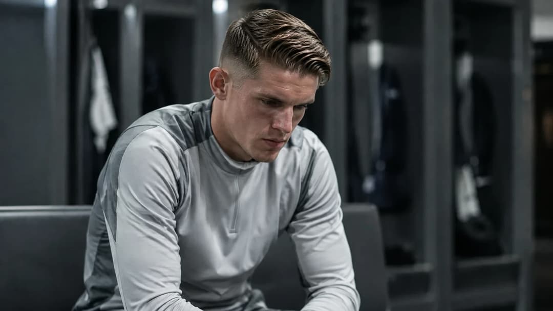Viktor Gyökeres sitting quietly in the locker room, reflecting on his performance.