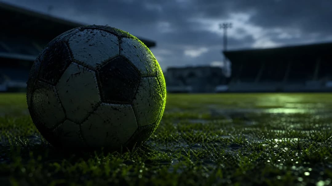 A close-up view of a football sitting on a wet pitch under blue hour lighting.