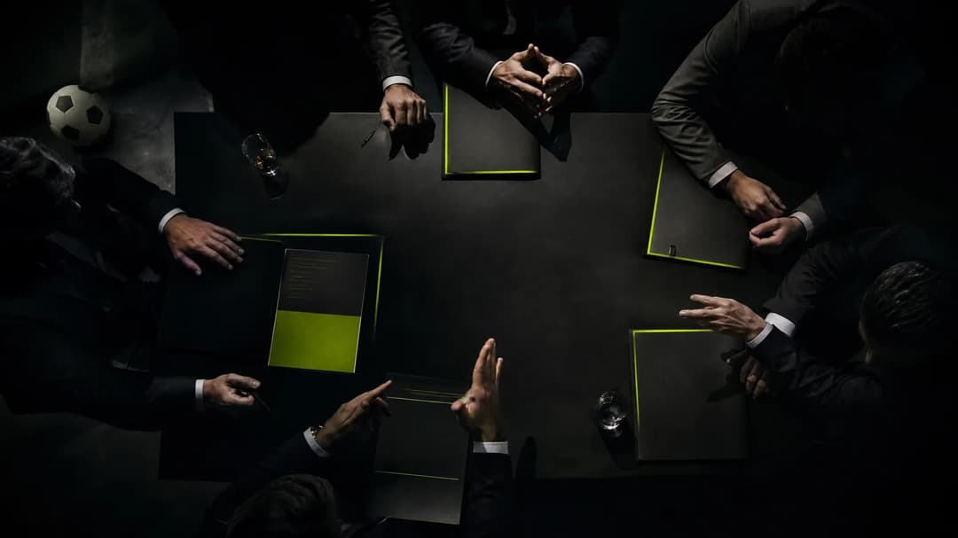 A top-down view of a dark conference room with figures negotiating over documents about Harry Kane's contract.