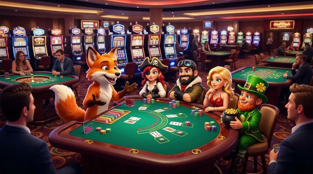 A wide shot of NordicSpins mascots preparing at a Blackjack table in a casino hall.