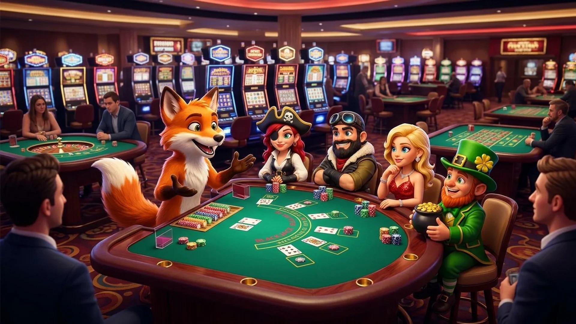 A wide shot of NordicSpins mascots preparing at a Blackjack table in a casino hall.