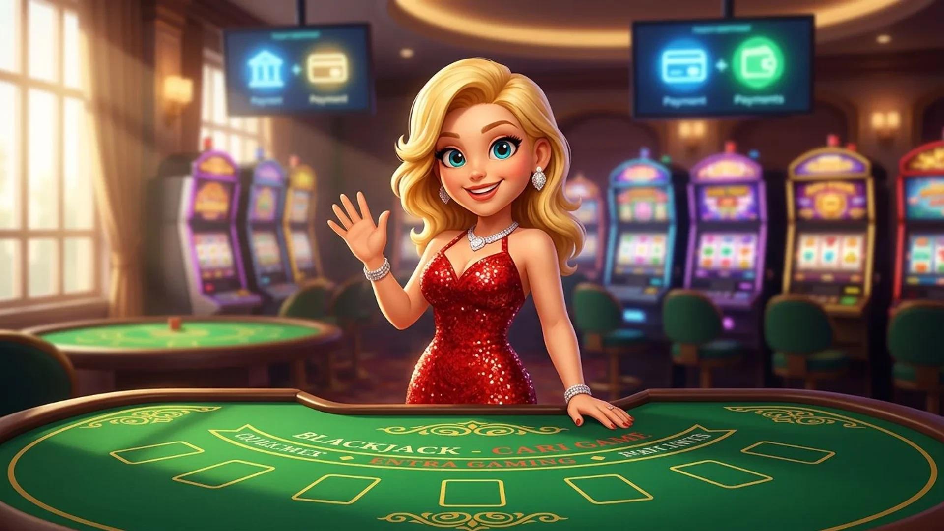 A NordicSpins mascot stands at a blackjack table in an online casino, illuminated by soft window light.