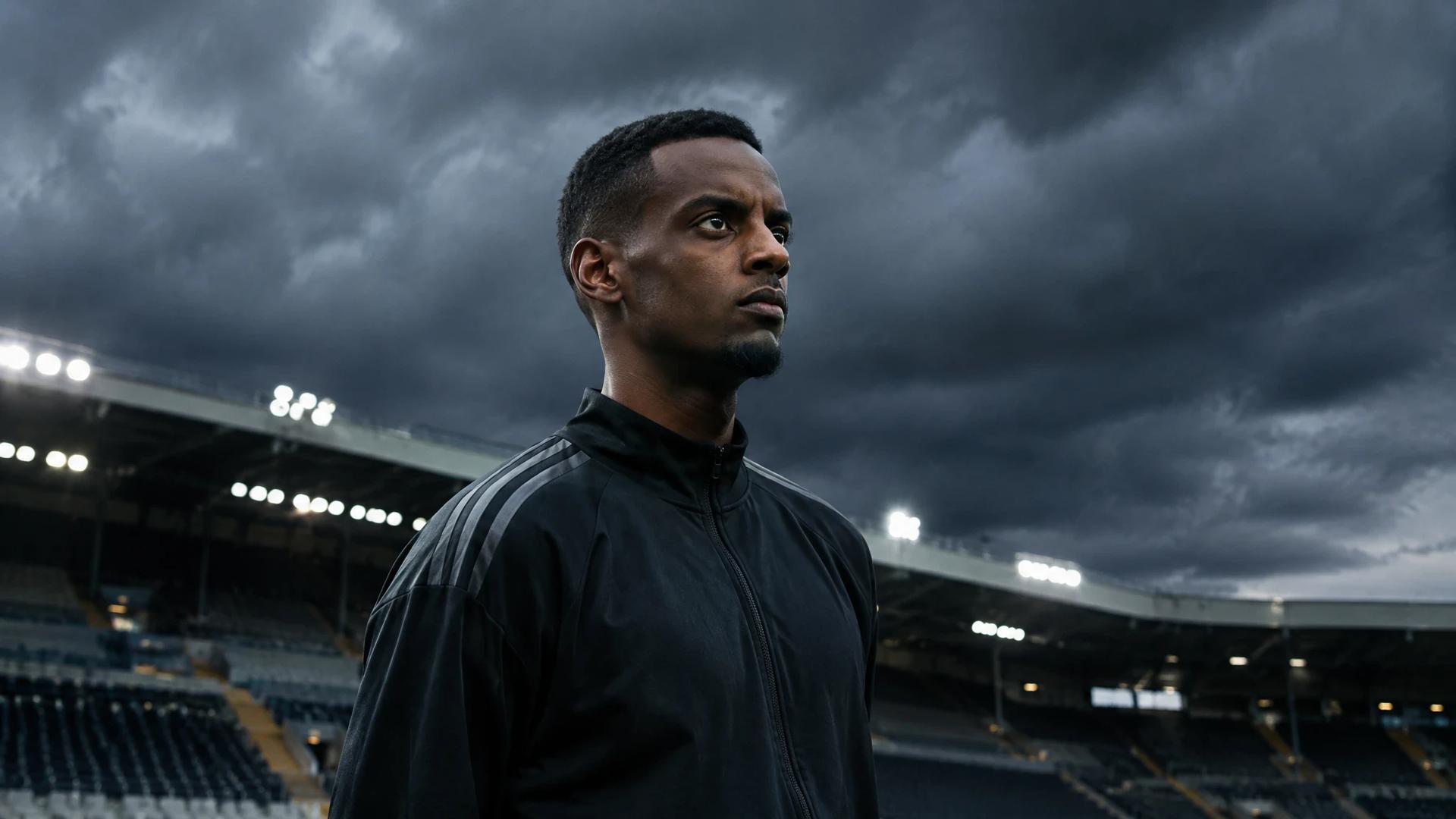 Alexander Isak standing contemplatively on the pitch under dramatic lighting.