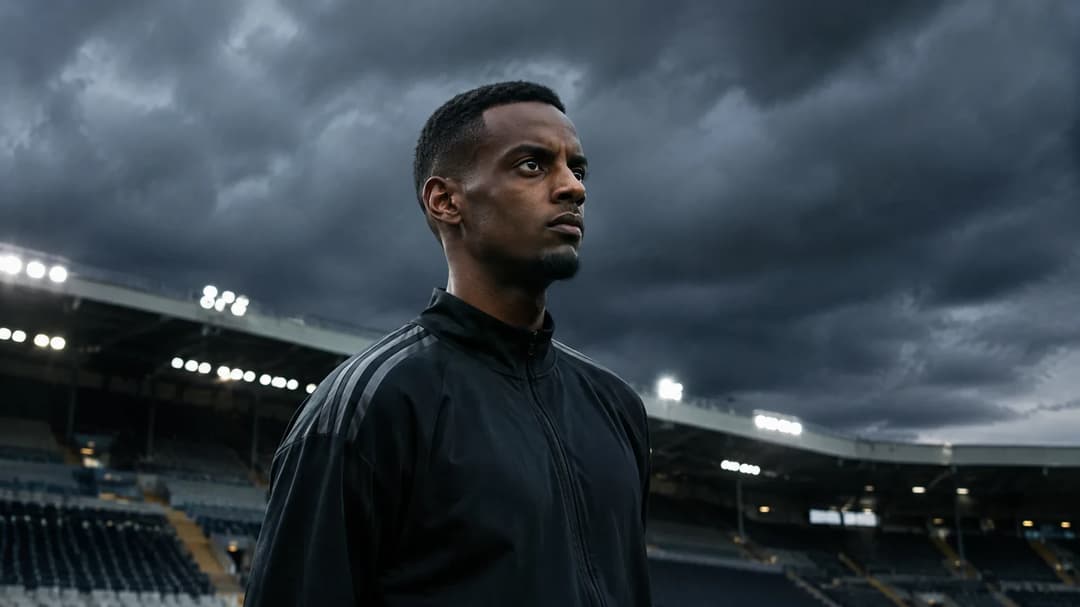 Alexander Isak standing contemplatively on the pitch under dramatic lighting.