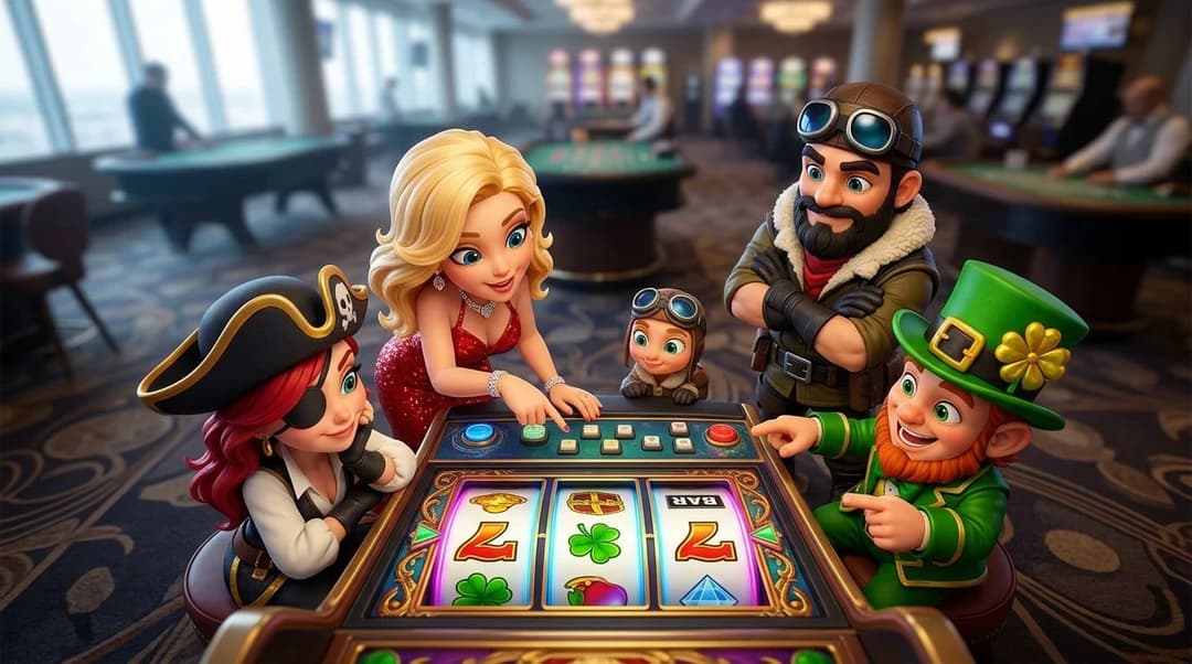 Bird's-eye view of NordicSpins mascots engaging with a colorful slot machine in a casino.