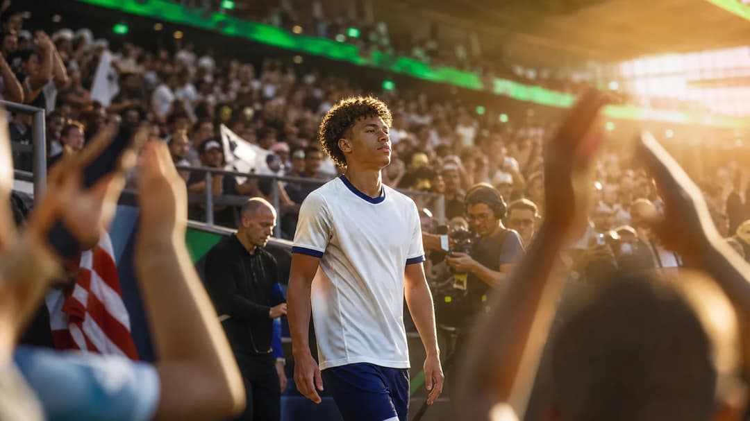 Mathis Albert entering the pitch during his debut for the US Men's National Team with a cheering crowd in the background.