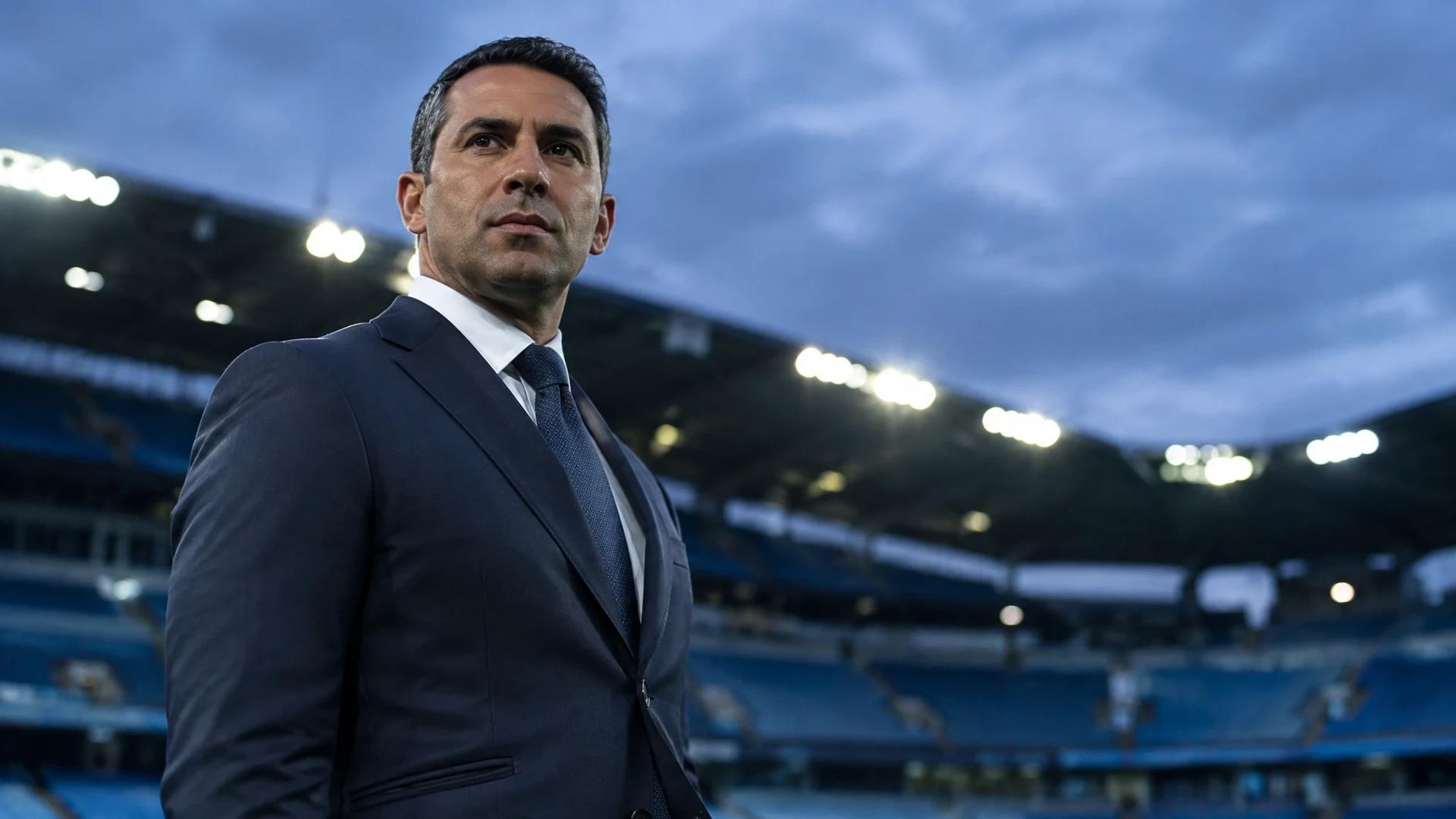 Khaldoon Al Mubarak, chairman of Manchester City, stands on the football pitch, looking determined amidst a blurred stadium backdrop.