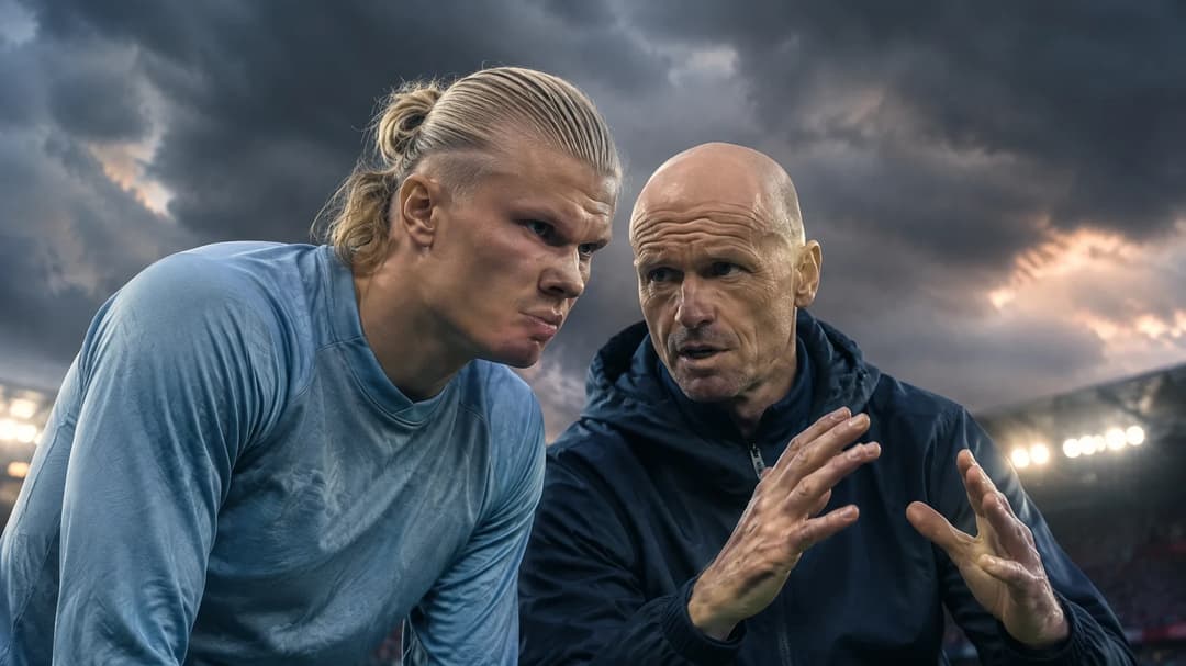Erling Haaland and Ståle Solbakken engaged in a conversation on the sidelines of a football match.