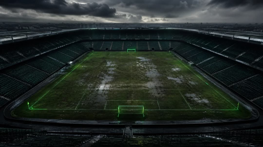 Aerial view of an empty football pitch under stormy clouds, with traces of a recent match.