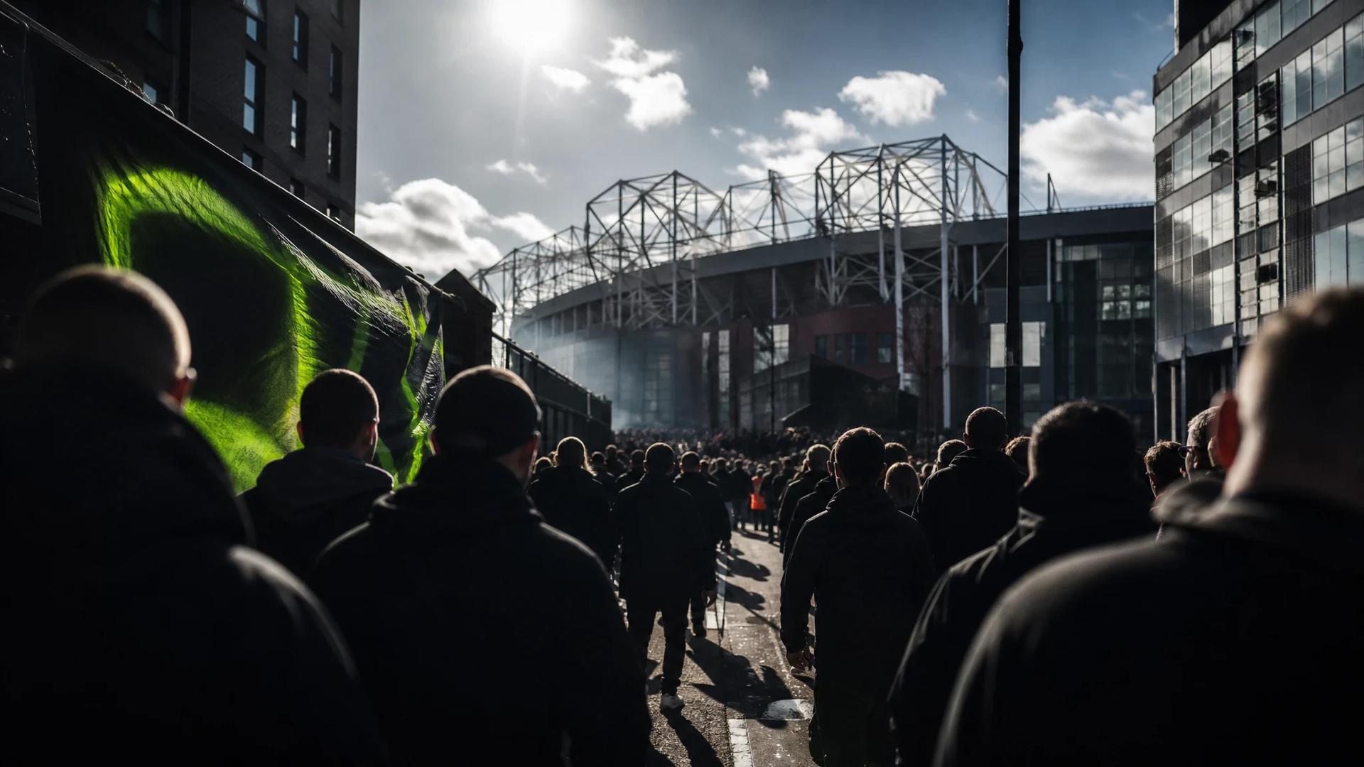 Wide shot of Old Trafford with excited fans in the foreground, illuminated by midday sun and subtle neon green accents.