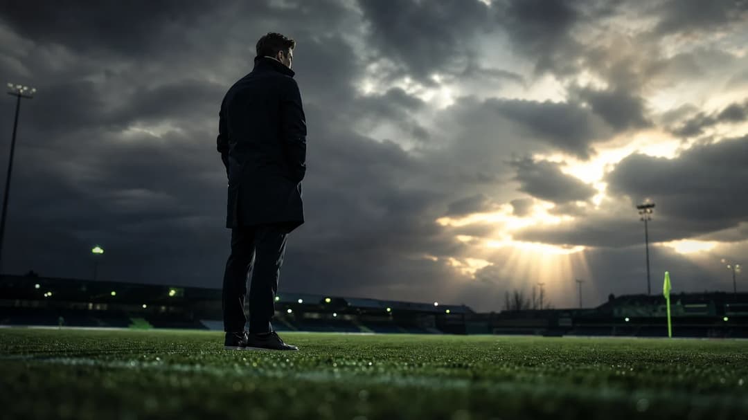 A silhouette of a man stands alone on a grassy football pitch against a stormy sky with beams of sunlight.