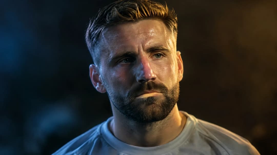 Close-up of Luke Shaw reflecting after a friendly match.