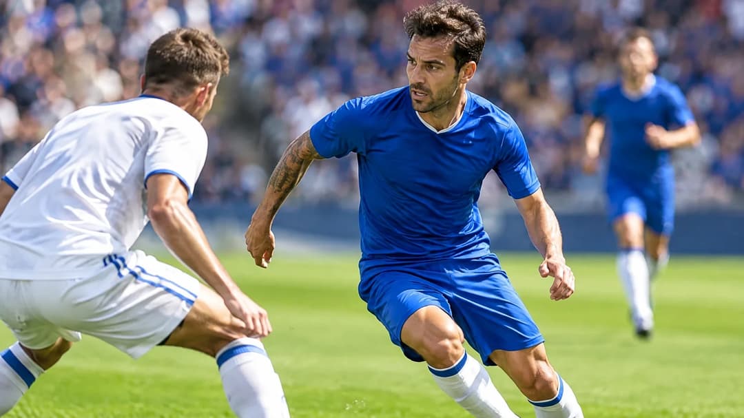 Cesc Fàbregas dribbling on a football pitch under bright sunlight.